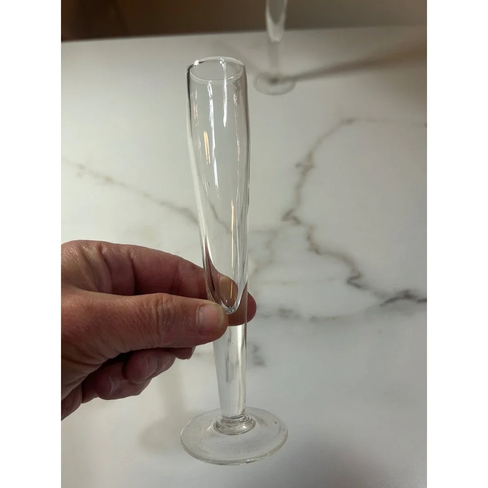 Vintage Hand Blown Clear Glass Champagne Flutes Pair Slim Trumpet Stemware 6.25
